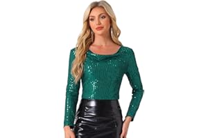 Allegra K Women's Sequin Glitter Tops Cowl Neck Long Sleeve Sparkle Clubwear Blouses