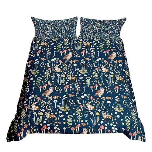 Homewish Animals Duvet Cover Single, Vintage Floral Bedding Set for Girls Women Bedroom Decor, Cute Owl Rabbit Fox Pattern Bedding & Linen, Aesthetic Botanical Flower Bed Sets, 1 Pillowcase