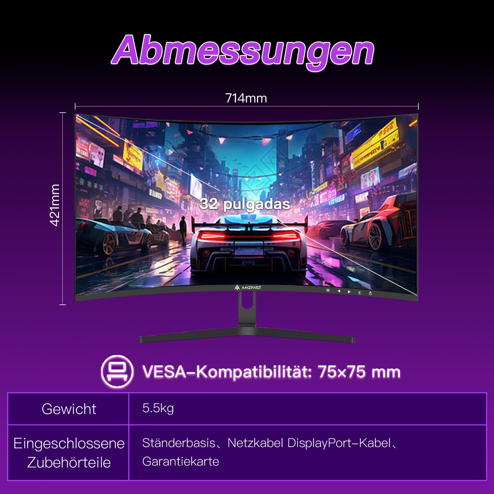Amzfast 32 Zoll Curved Gaming Monitor (240Hz, 1920x1080, 1ms MPRT, 1500R), Adaptive-Sync, 90% DCI-P3, 120% sRGB, 300cd/m², HDMI 2.0 & DisplayPort 1.4 (AMZG32C3F) 8