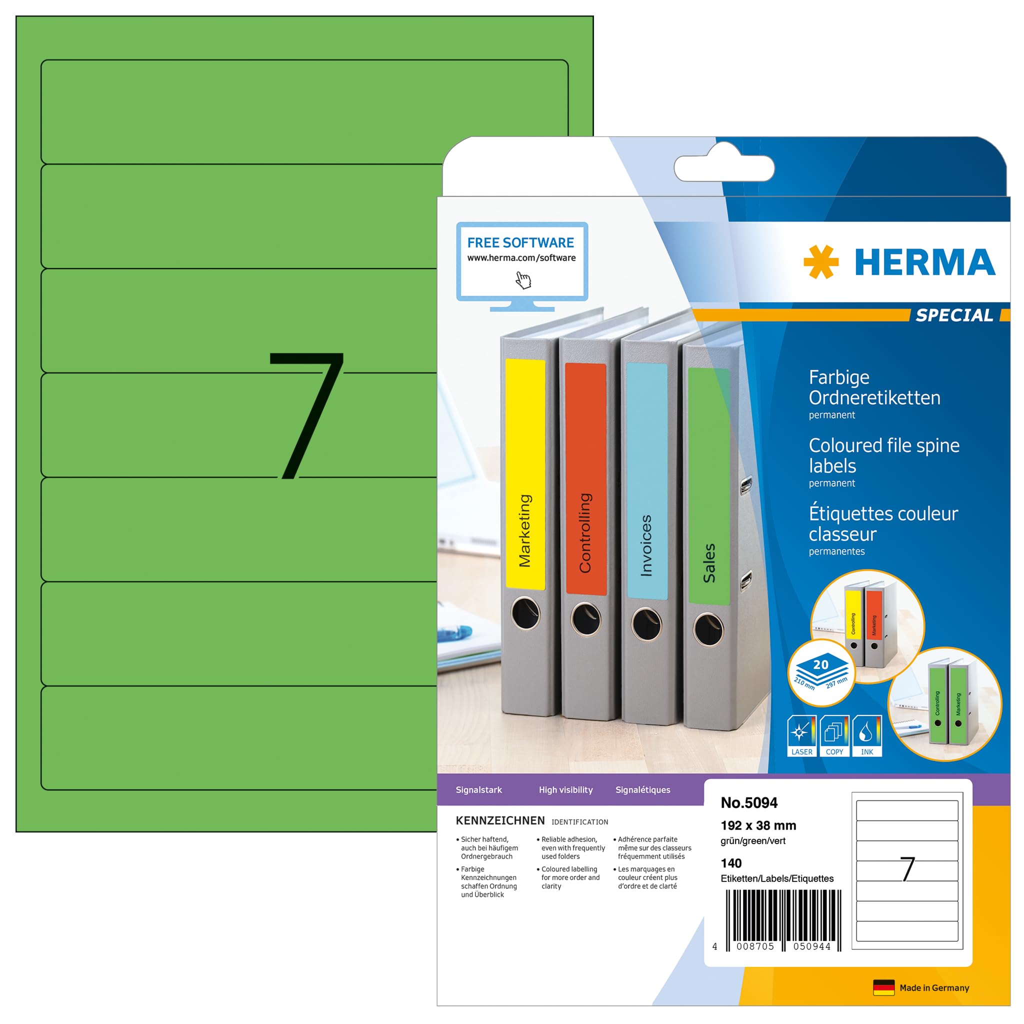 HERMA Self Adhesive Spine Labels, 7 Labels per A4 Sheet, 20 Sheets, 192 x 38 mm, 140 Labels, Blank Lever Arch File Folder Labels Stickers, Sticky Labels for Laser & Inkjet Printer, Green