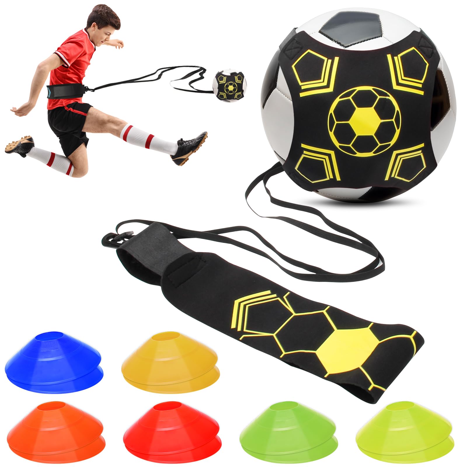 Hoedia Football Kick Trainer Soccer with Soccer Cones Training Aid Belt Hands Free Solo Close Control and Skills Football Training Equipment Fits Ball Size 3, 4, and 5 (Yellow)