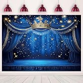 MQCGLJ Royal Blue Gold Sparkle Crown Photo Backdrop Starry Children's Adult Portrait Photography Background Baby Shower Princess Prince Birthday Party Banner Decor Polyester 7x5ft