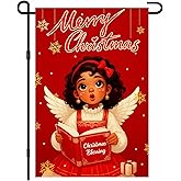 IVN Christmas Garden Flag 12x18 Inch Christmas Wishes Black Girl Angel Holding Blessing Book Religious Xmas Carols African American Flag Double Sided Outdoor Yard Banner for Outside Home Front Door Lawn Porch Patio Welcome Decor