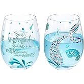 NymphFable Stemless Wine Glasses Hand Painted Mermaid Set of 2 Personalised Gift Sets for Women Best Friend 18oz
