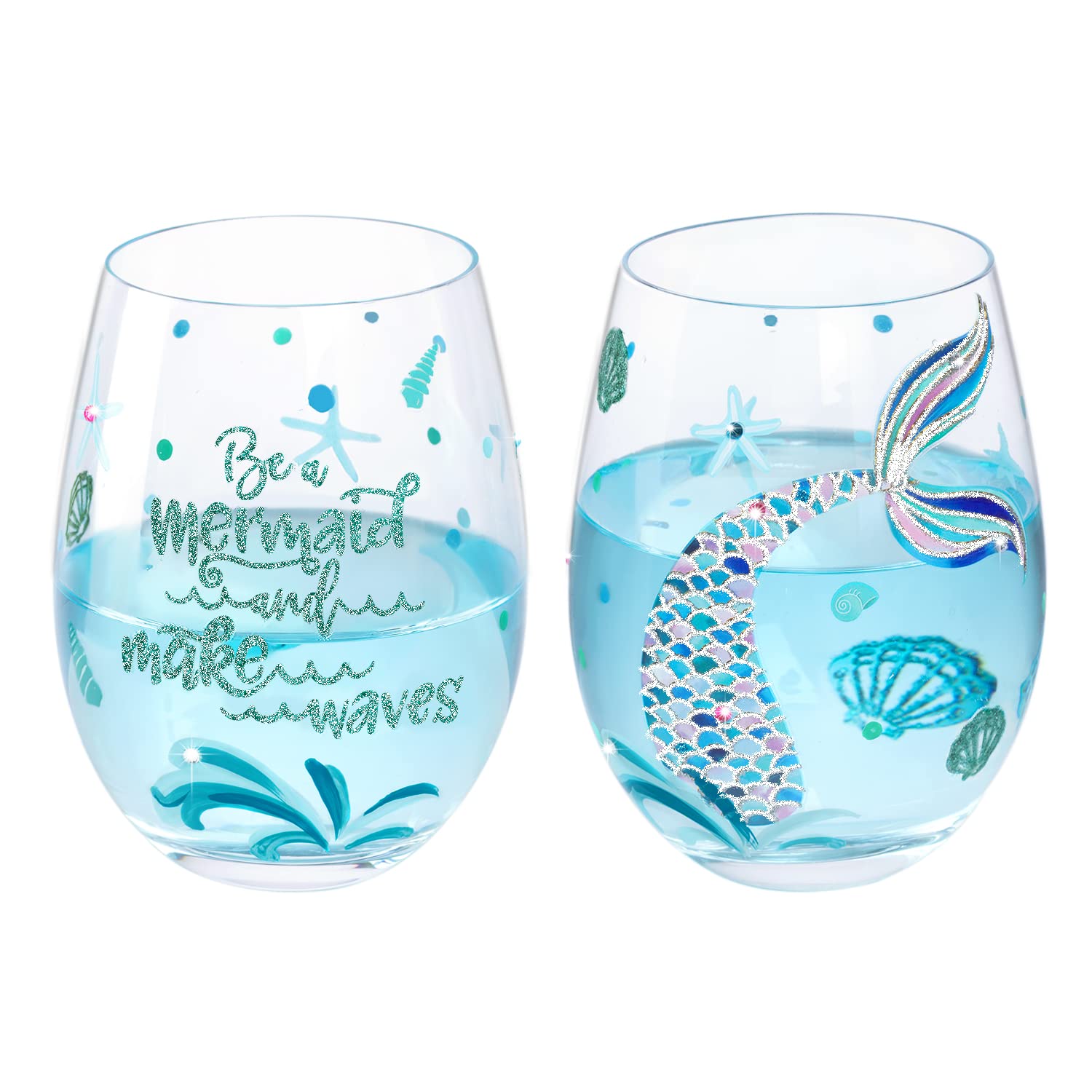 NymphFable Set of 2 Stemless Wine Gin Glass Hand Painted Mermaid Gifts Personalised Wine Tumbler Gift for Women Friend 18oz