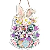 Happy Easter Front Door Decoration,Bunny Rabbit Ears Wooden Hanging Sign for Spring Holiday Indoor Outdoor Home Porch Window Hanger Decor