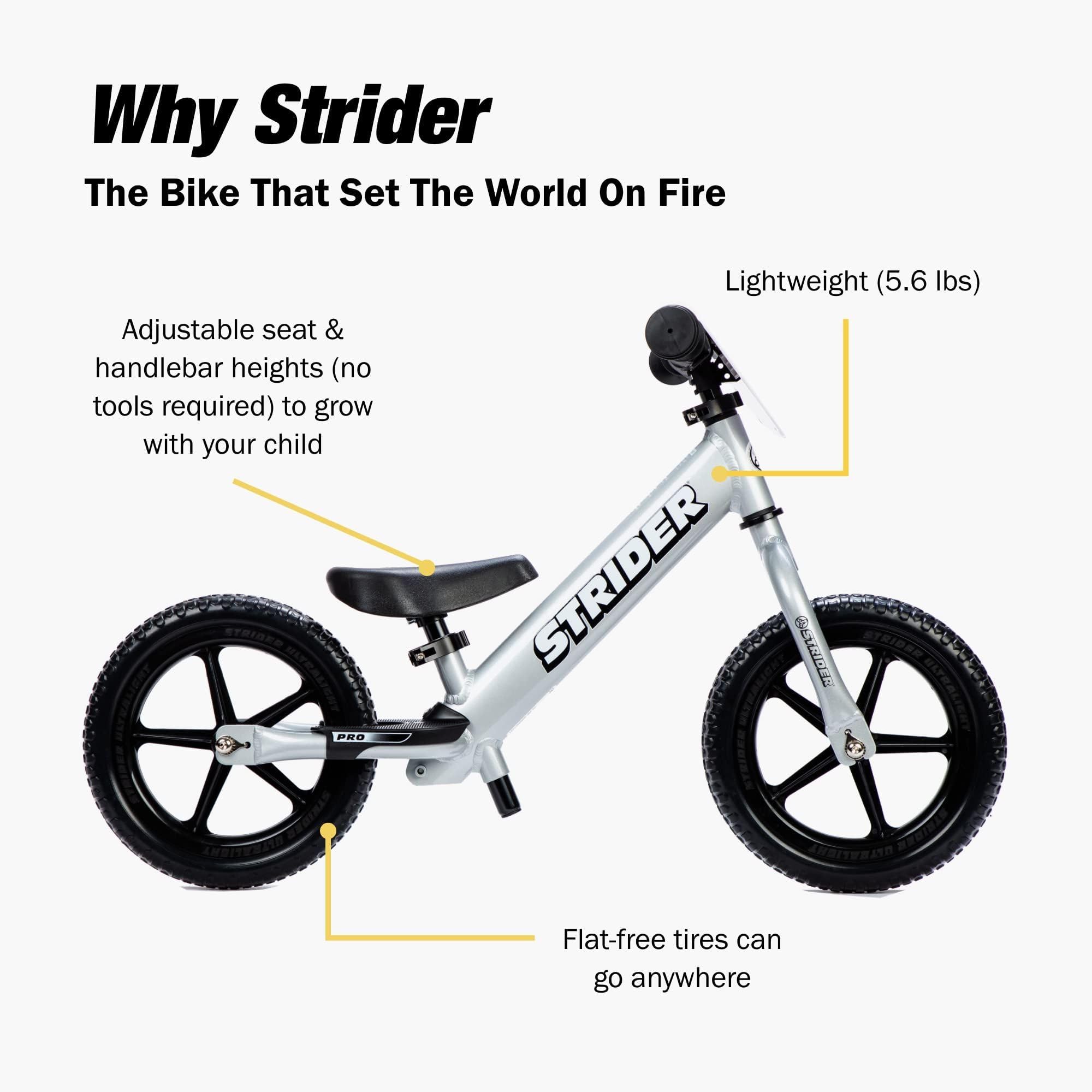 Strider 12” Pro Bike, No Pedal Balance Bicycle for Kids 1 to 4 Years - Includes Safety Pad, Padded Seat, Mini Grips & Flat-Free Tires - Tool Free