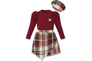 AMAWMW Girls Clothes Skirt Set Ribbed Puff Sleeve Top Plaid Skirt Shorts Beret Set 3Pcs Fall Winter Outfit