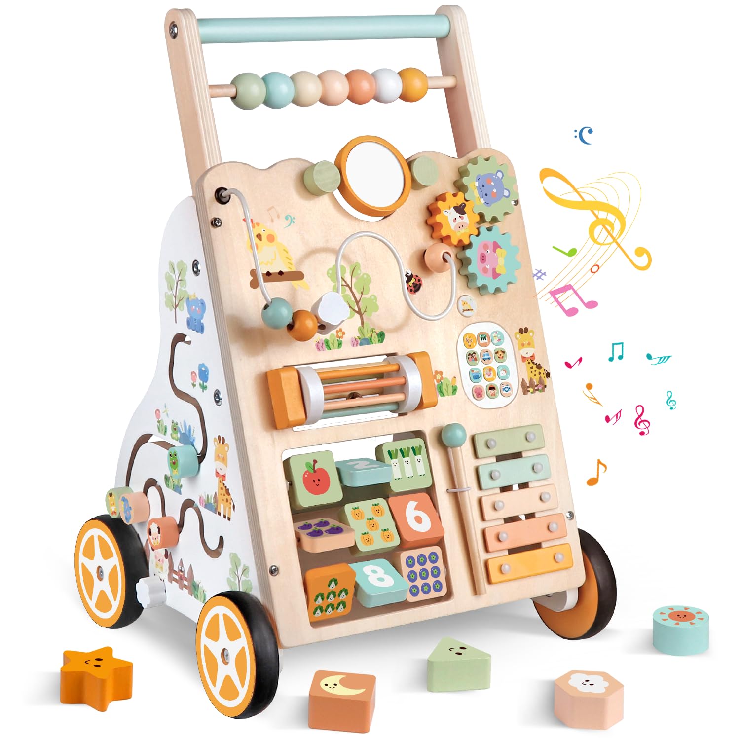 Photo 1 of Wooden Baby Walker with Wheels, Push Walker with Baby Activity Center, Montessori Walking Toy for 1 Year Old Girls Boys, Ajustable Speed & Height Activity Toy for Toddler Learning to Walk 12+ Months