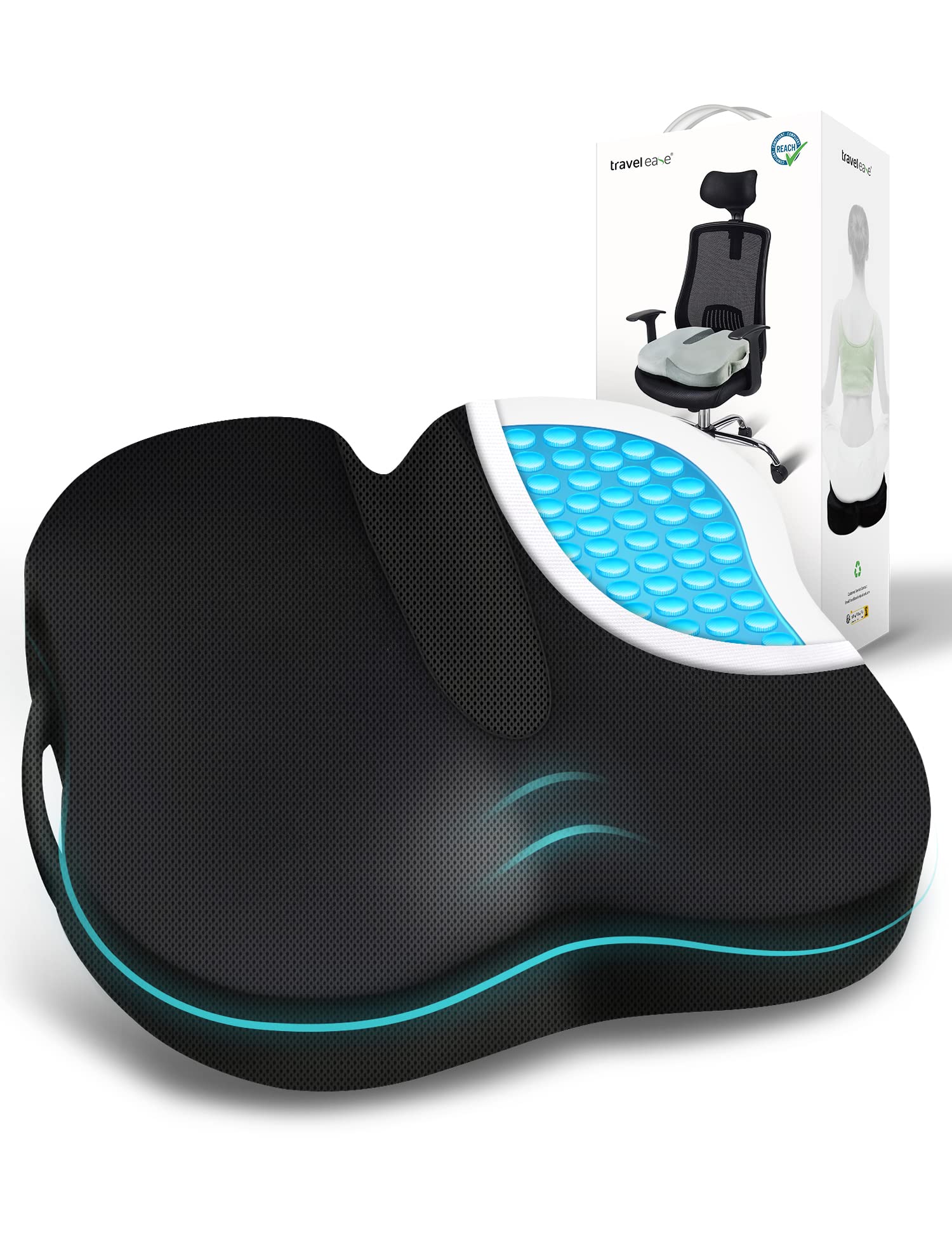 Travel Ease Ergonomic Seat Cushion, Premium Gel Memory Foam Chair Pad with Anti-Slip Base for Long Hours Sitting Comfort, Hip Support Pillow for Office Chair, Car Seat, Gaming Chair (Black)