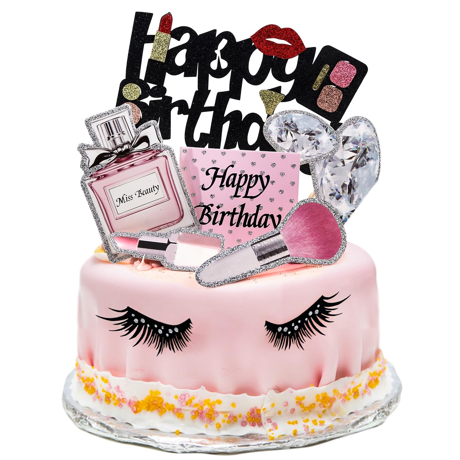 Kukifun Makeup Cake Topper 22 Pcs, Lipstick Perfume Eyelash Diamond Brush Cosmetic Cupcake Toppers, Happy Birthday Decoration for Birthday Bridal Shower Girl Women Makeup Salon Spa Party Supplies