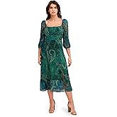 London Times Womens Square Neck 3/4 Sleeve A-line Midi Dress - Elegant Wedding Guest Dresses
