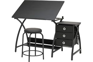 SD STUDIO DESIGNS 2 Piece Comet Center Plus, Craft Table and Matching Stool Set with Storage and Adjustable Top, 50"W x 23.75"D x 29.5"H, Black/Black