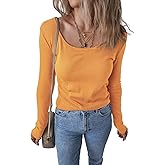 Kinlonsair Women Long Sleeve Scoop Neck Shirts Ribbed Knit Slim Fit Tops Basic 2025 Fall Outfits Casual T-Shirt