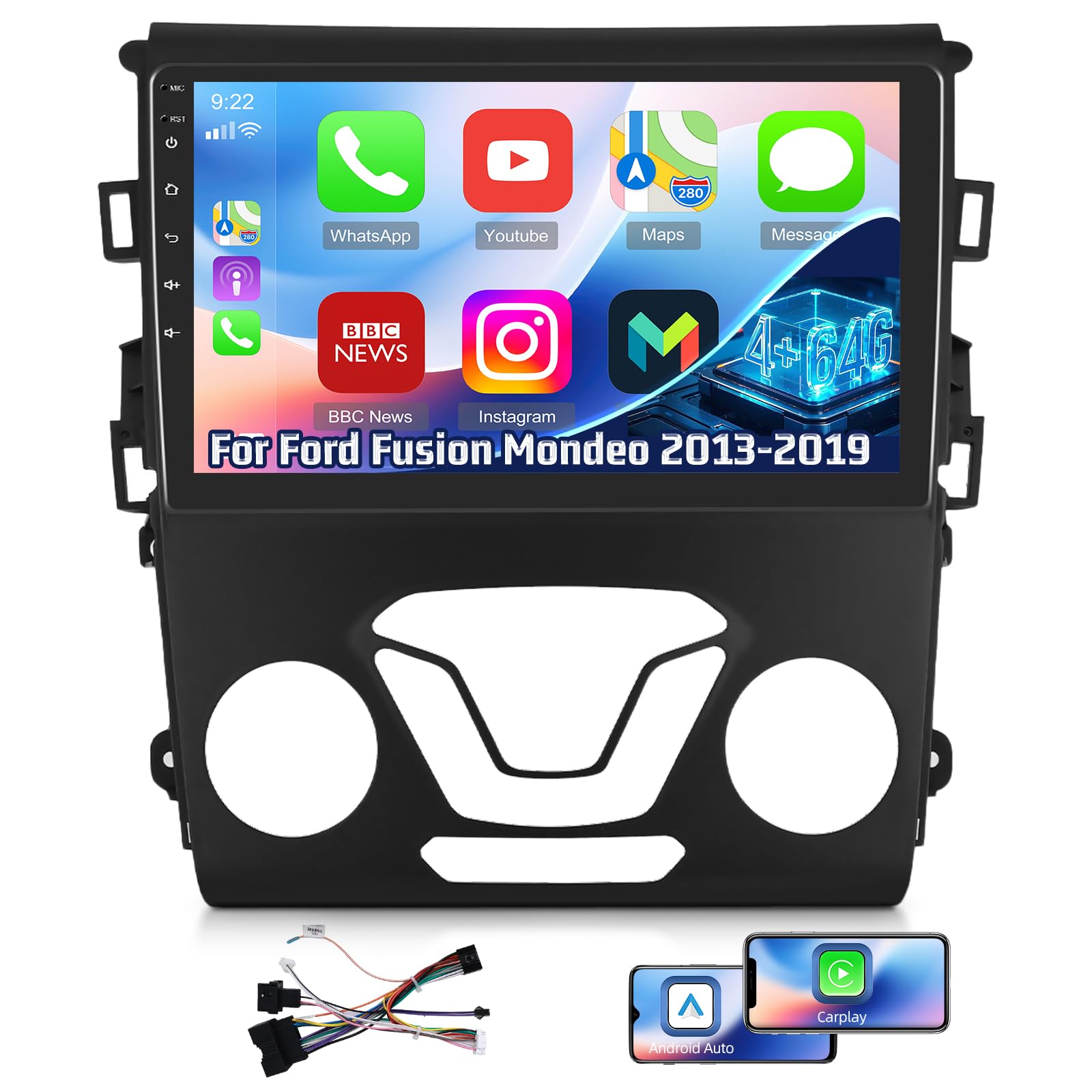 Photo 1 of [8Core Qualcomm 4+64G] Android Car Stereo for Ford Fusion Mondeo 2013-2019 -Wireless Carplay and Android Auto - 9 Inch 1280 * 720 IPS Touchscreen Car Radio - DSP/GPS/WiFi/SWC + AHD Backup Camera