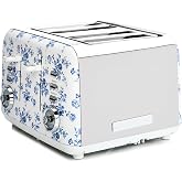 Laura Ashley China Rose 4 Slice Toaster - Toaster 4 Slice Wide Slot | High Lift Lever, 7 Browning Levels, Dual Controls, Defrost, Bagel Modes, Removable Crumb Trays, Warming Rack, Stainless Steel