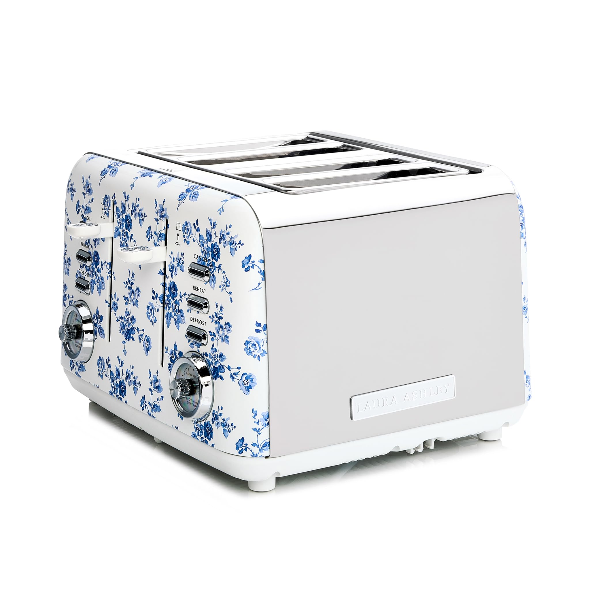 VQ Laura Ashley China Rose Stainless Steel 4 Slice Toaster | Multi-Functional Bagels & Bread Toaster 4 Slice with Adjustable Heating & Defrost Mode | Featuring 4 Wide Slots & Croissant Warming Rack