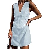 Megfie Womens Summer Cotton Linen V Neck Short Dress Sleeveless Mini Dress Casual A Line Tank Sundress
