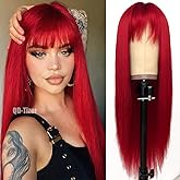 QD-Tizer Red Color Long Silky Straight Wigs with Bangs Synthetic No Lace Wig for Fashion Women Heat Resistant Natural Looking Hair Wig for Party Cosplay