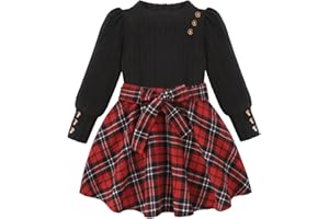 AMAWMW Girls Skirt Sets Fall Outfits Puff Sleeve Crewneck Ribbed Knit Tops and Plaid Skirt Set Kids Fall Winter Clothes