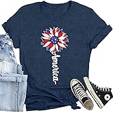 CQF Women American Sunflower Shirt Funny American Flag T-Shirt 4th of July Patriotic Tee Tops
