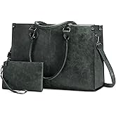 LOVEVOOK Laptop Tote Bag for Women, 15.6 Inch Large Capacity Vintage Leather Work Computer Bag, Business Casual Shoulder Handbag, Dark Green