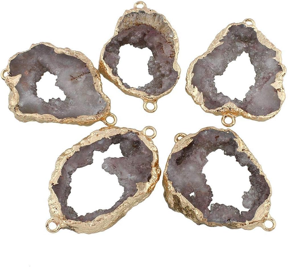 1pc Gray White Crystal Gold Slice Druzy Geode Ice Quartz Agate Natural Gemstone Plated Focal Connector Bohemian Jewelry 35mm-45mm Hole 2mm