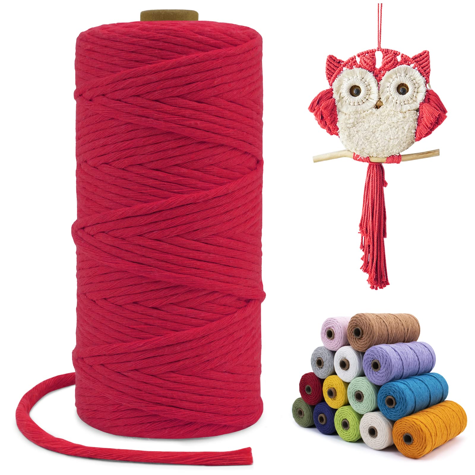 LEREATI Macrame Cord 3mm x 100m, Single Strand Thick Macrame Rope Yarn Natural Cotton Cord, Craft Macrame String for Plant Hanger, Wall Hanging, Knitting, DIY, Home Decorations (Red)
