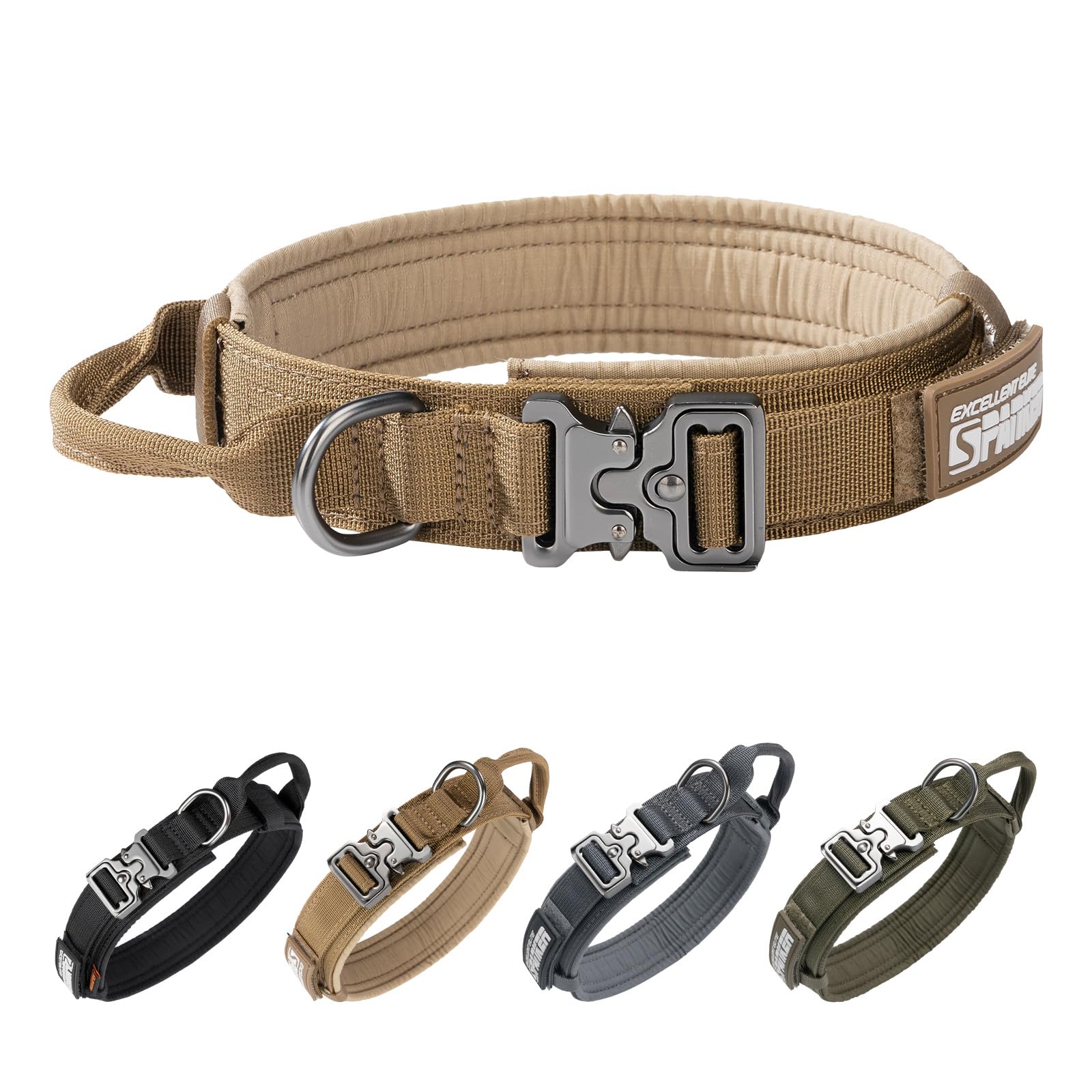 EXCELLENT ELITE SPANKER Tactical Dog Collar Nylon Adjustable Training Collar Military Dog Collar Heavy Duty Metal Buckle with Control Handle for Medium and Large Dogs with Patches(COB-L)
