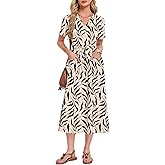 MOLERANI Casual Summer Dresses for Women Drawstring Maxi Dresses V Neck Short Sleeve Long Dress with Pockets