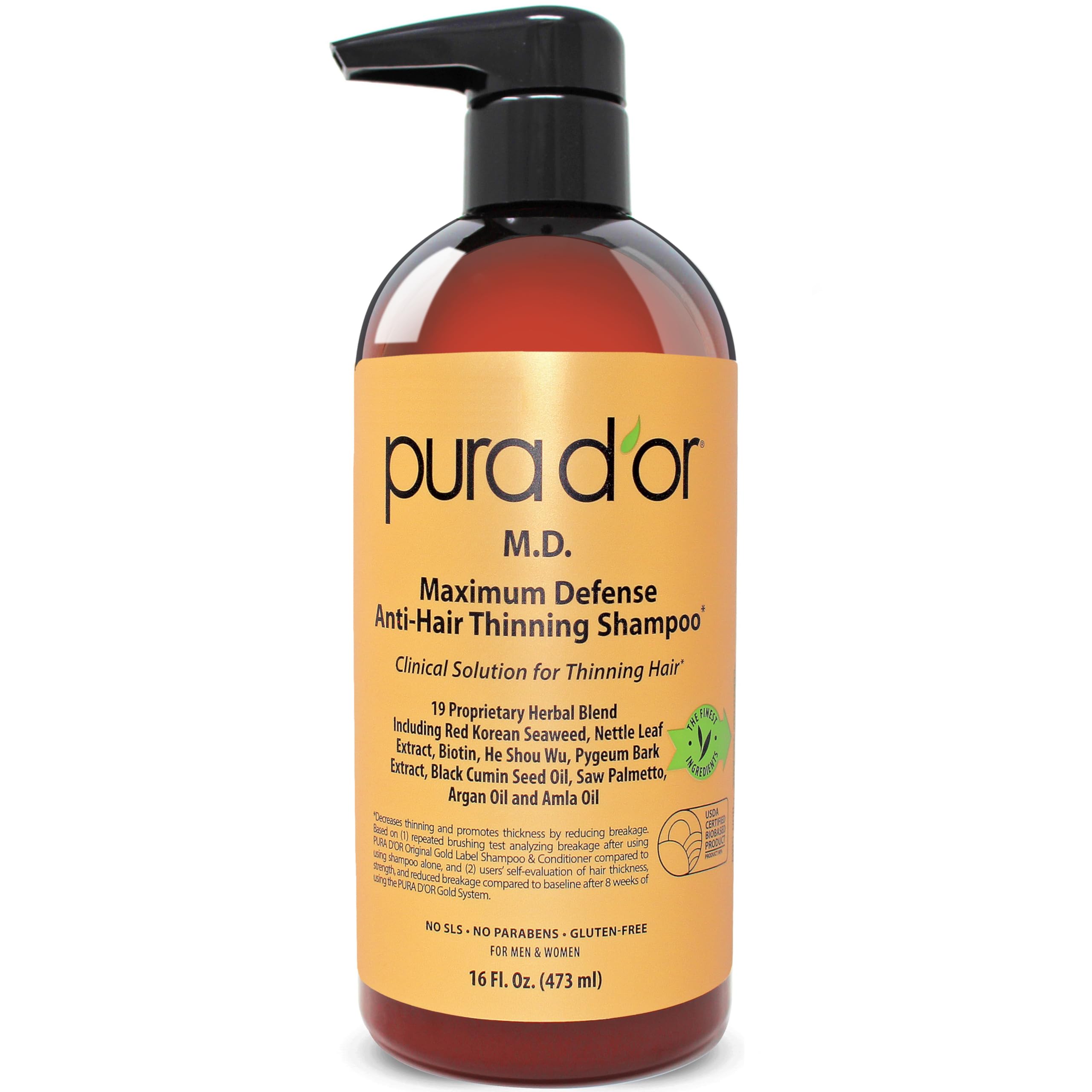 Photo 1 of PURA D'OR 16 Oz MD Anti-Hair Thinning Maximum Defense Shampoo - 0.5% Coal Tar, Biotin, Proprietary Herbal Blend For Dry & Itchy Scalp, No Sulfates - For Men & Women
