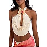 MakeMeChic Women's Draped Neck Halter Top 3D Floral Backless Sleeveless Summer Beach Vacation Crop Tank Tops