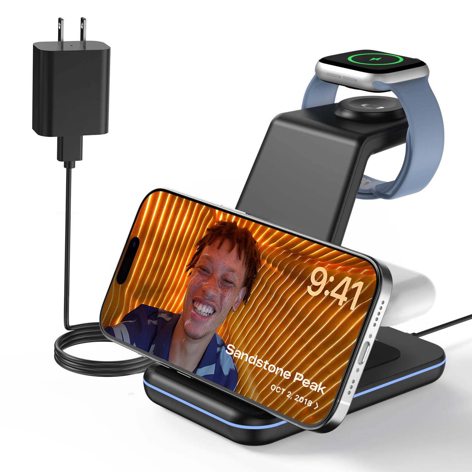 Photo 1 of JoyGeek 3 in 1 Charging Station for Apple Devices, Wireless Charger Stand for iPhone 16/15/14/13/12/11/SE/X/8 Pro Max Plus, Charging Dock for Apple Watch Ultra/8/SE/7/6/5/4/3, AirPods (Dark Black)