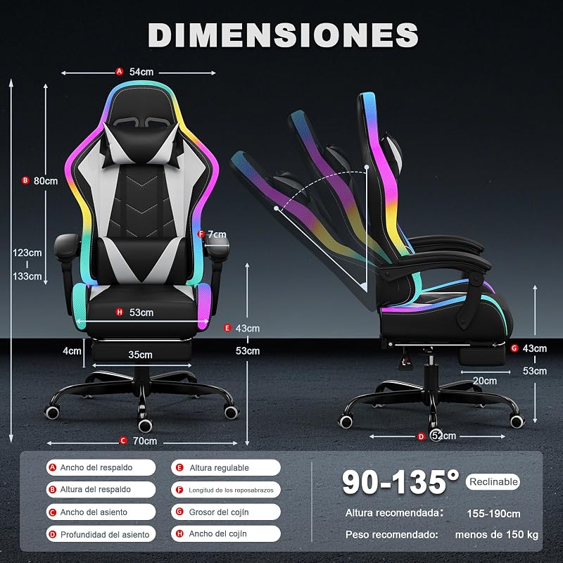 Silla de Gaming con LED, Cool Racing Gamer, Silla ergonómica de Oficina con función de Masaje, Respaldo Ajustable de 90 a 135°, con reposapiés telescópico, Silla de Gaming de 150 kg, Blanco — foto 3 de 8