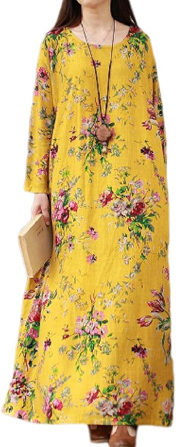 Yulinge Damen Kleid Long Leinen Vintage Baumwolle Plus ...