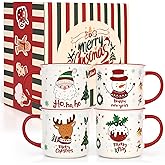 YHRJWN Christmas Mugs Set of 4, Festive Design Coffee Mugs with Santa Snowman Reindeer, Holiday Mugs for Hot Cocoa, Gifts for Family Friends, Holiday Decor, 13 Oz