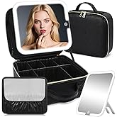 Makeup Bag with Mirror and Light, Travel Makeup Train Case with LED Lighted Removable Mirror, Portable Cosmetic Organizer Make up Bag with 3 Colors Dimming Light, Adjustable Dividers & Brush Board