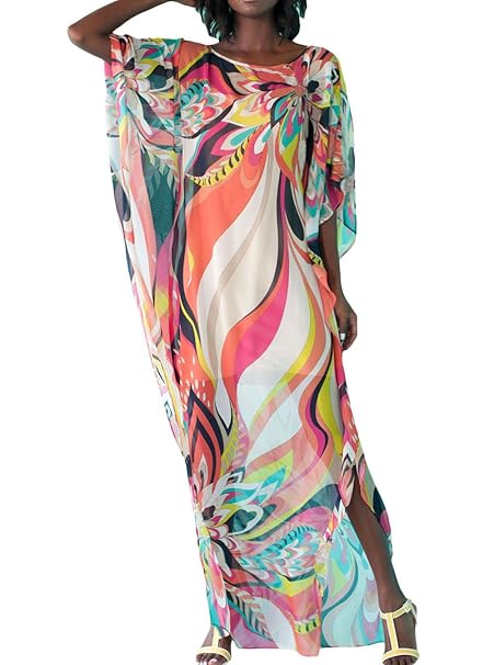 FreestyleMo Damen Elegante Blumen Sommer Kleid Chiffon Tunika Strandkleider Lose Kaftan Smock