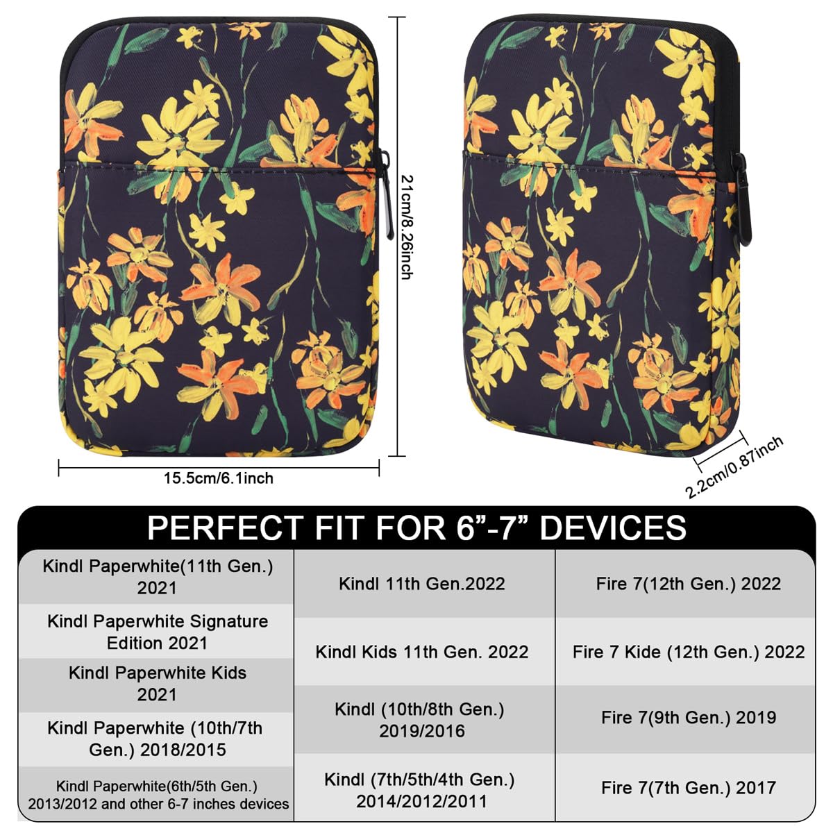 6.8 Inch Sleeve Bag, Protective Nylon Case Cover Compatible with All-New-Kindl/Kids E-Reader Tablet Devices (Black Flower)