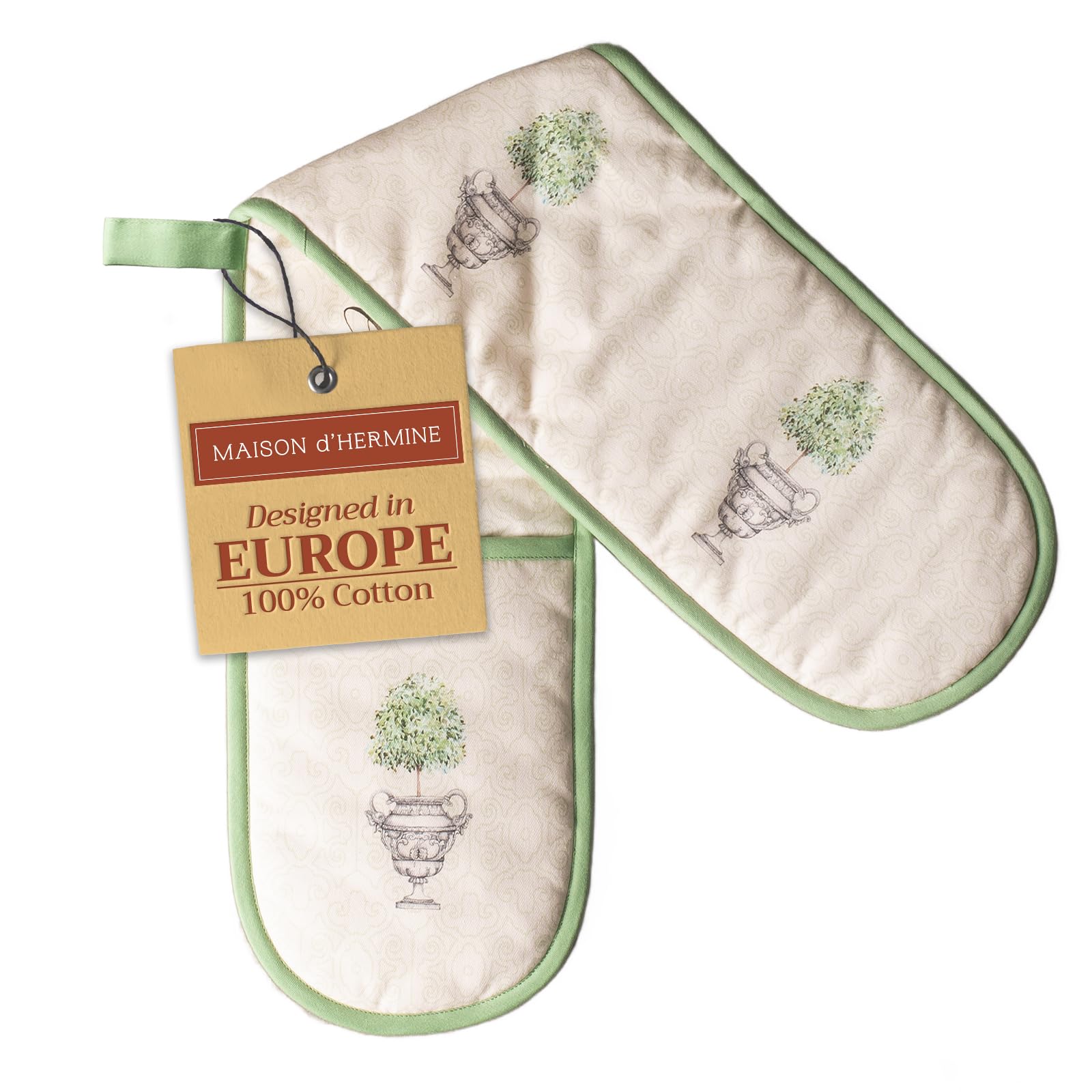 Maison d' Hermine Double Oven Mitts 100% Cotton 18 cm x 89 cm Double Oven Mitt Heat Resistant BBQ Cooking Gloves with Loop Baking Grilling Handling Hot Pans Gifts for Mothers Day (Jardin Du Roy)