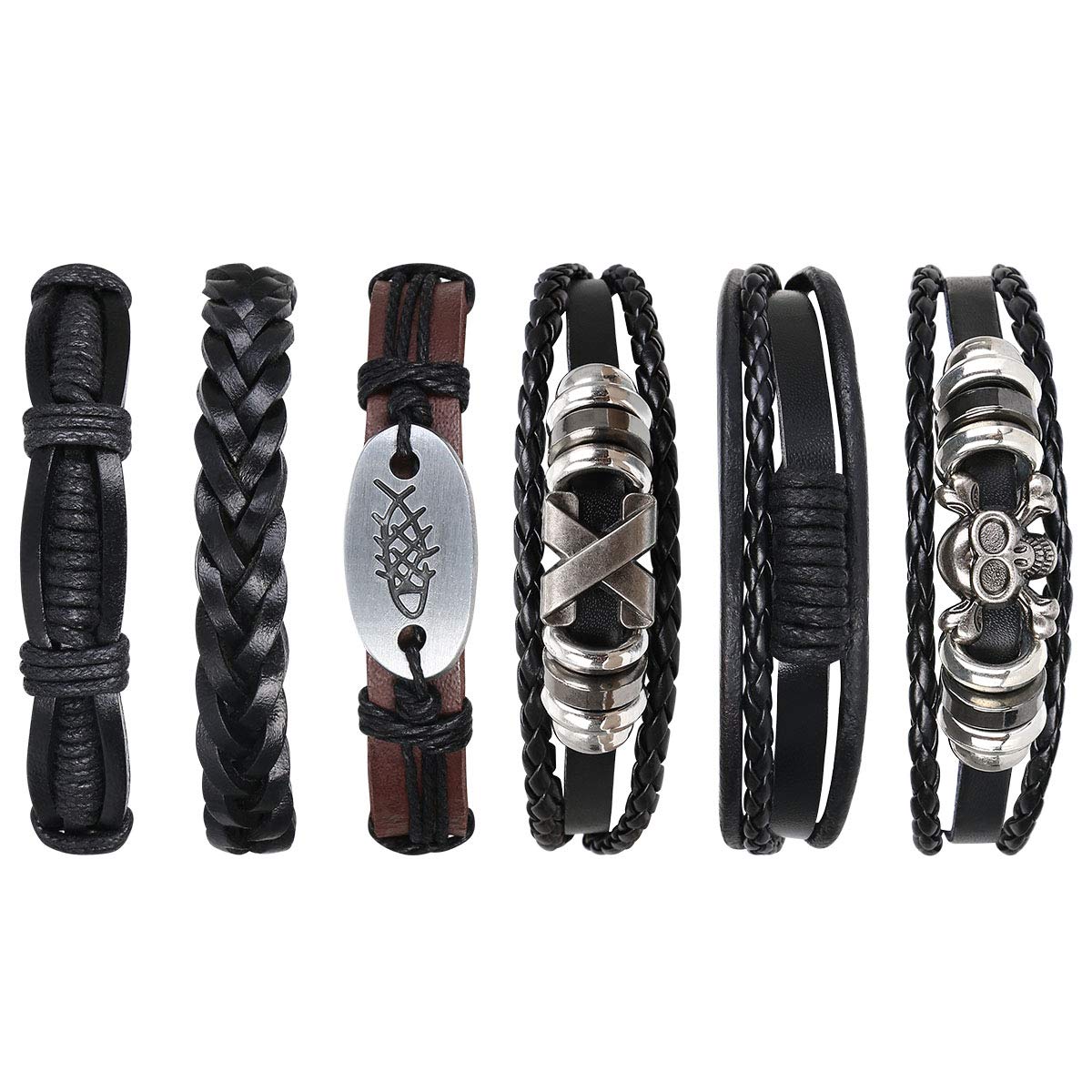flintronic Leather Bracelet, 6Pcs Adjustable Fashion Punk Braided Men & Women Rope Bracelet Cuff Vintage Bracelets Wrap Set Series — image 1