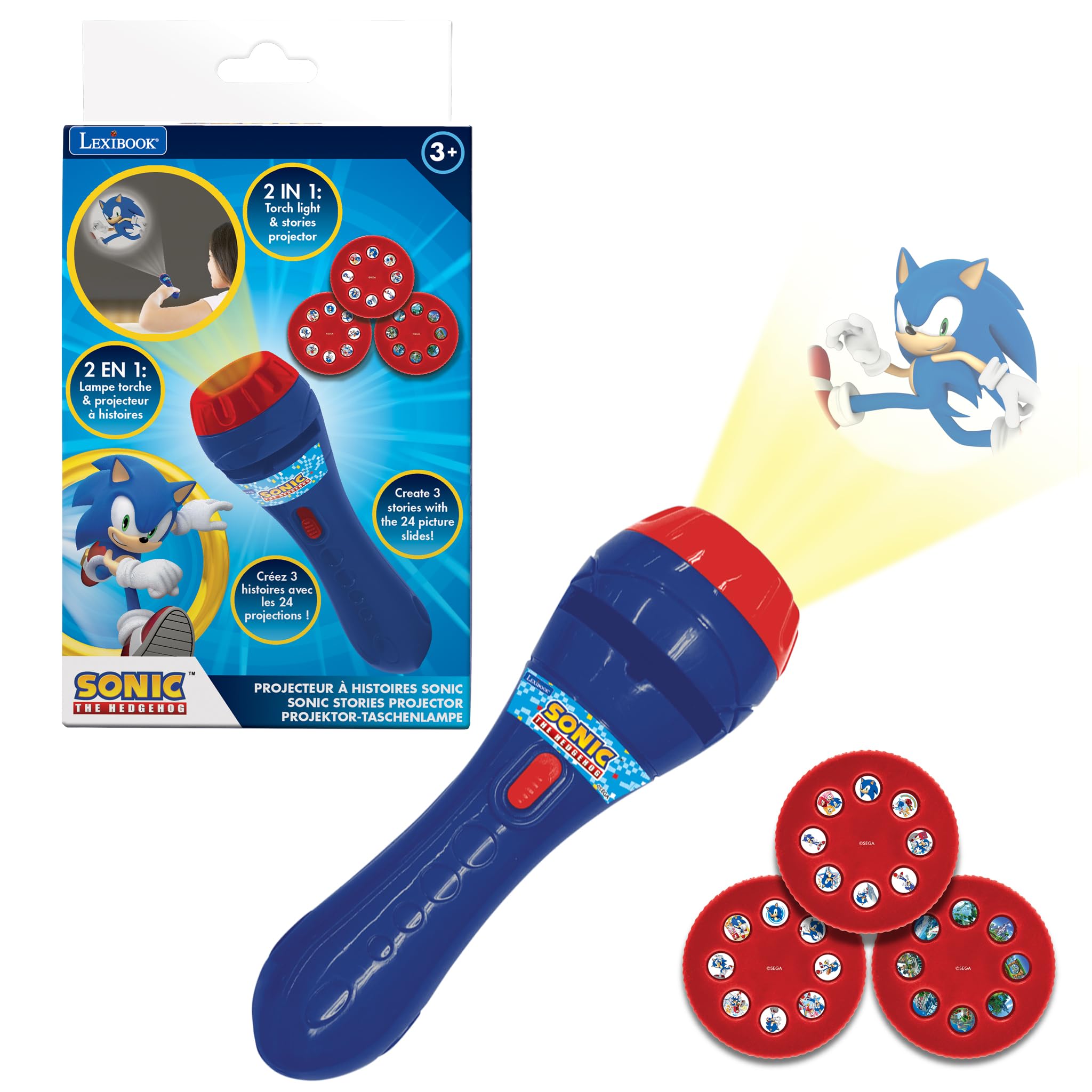 LEXIBOOK, SEGA Sonic The Hedgehog, Stories projector and torch light, Projects 24 images from the world of Sonic with 3 discs, Red/blue, LTC050SN