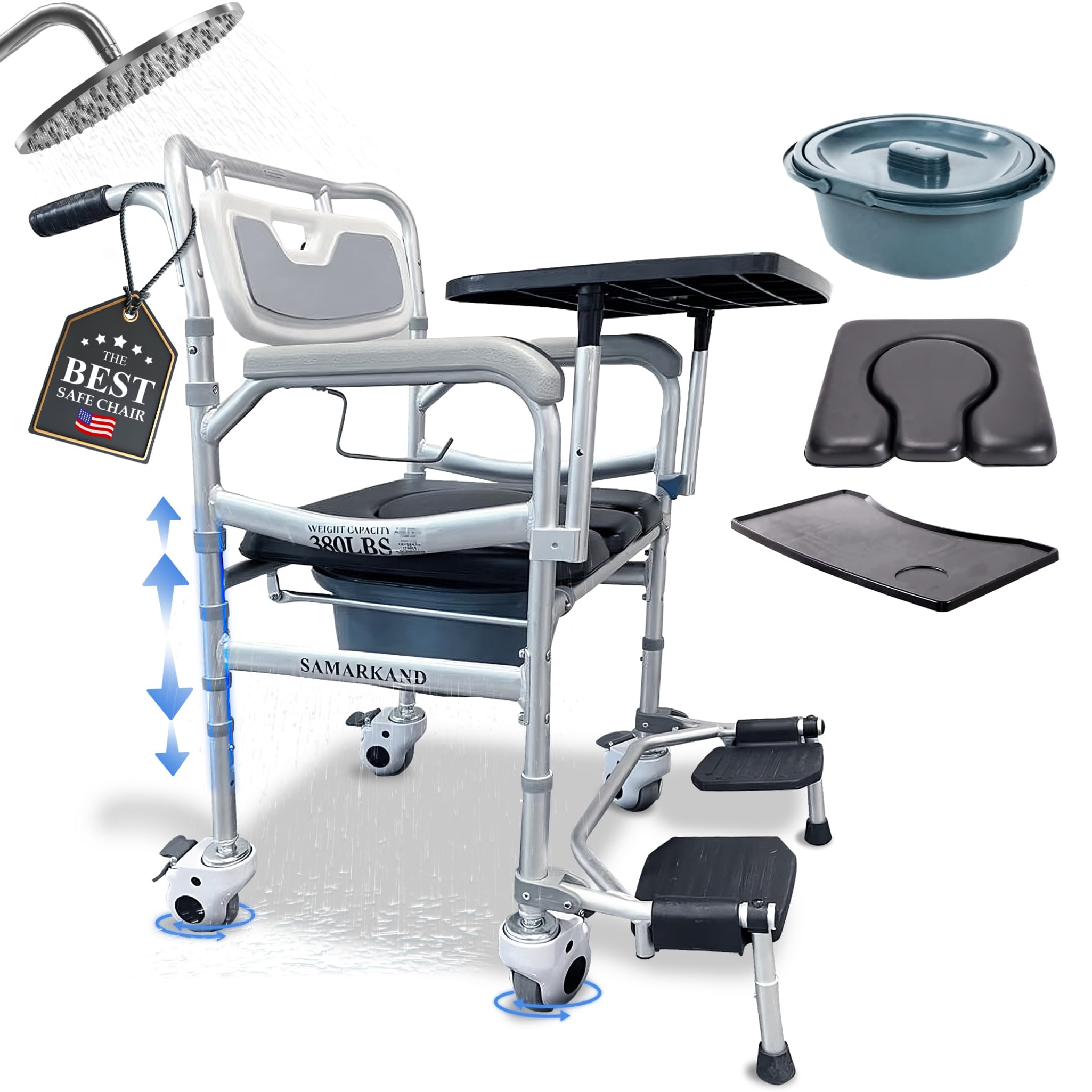 Photo 1 of SAMARKAND 3 in 1 Commode Shower Chair with Wheels + Wheelchair Tray + Footrest – Rolling Shower Chair for Elderly and Disabled - Bedside Commode Toilet - Shower Wheelchair - Toilet Riser with Handles