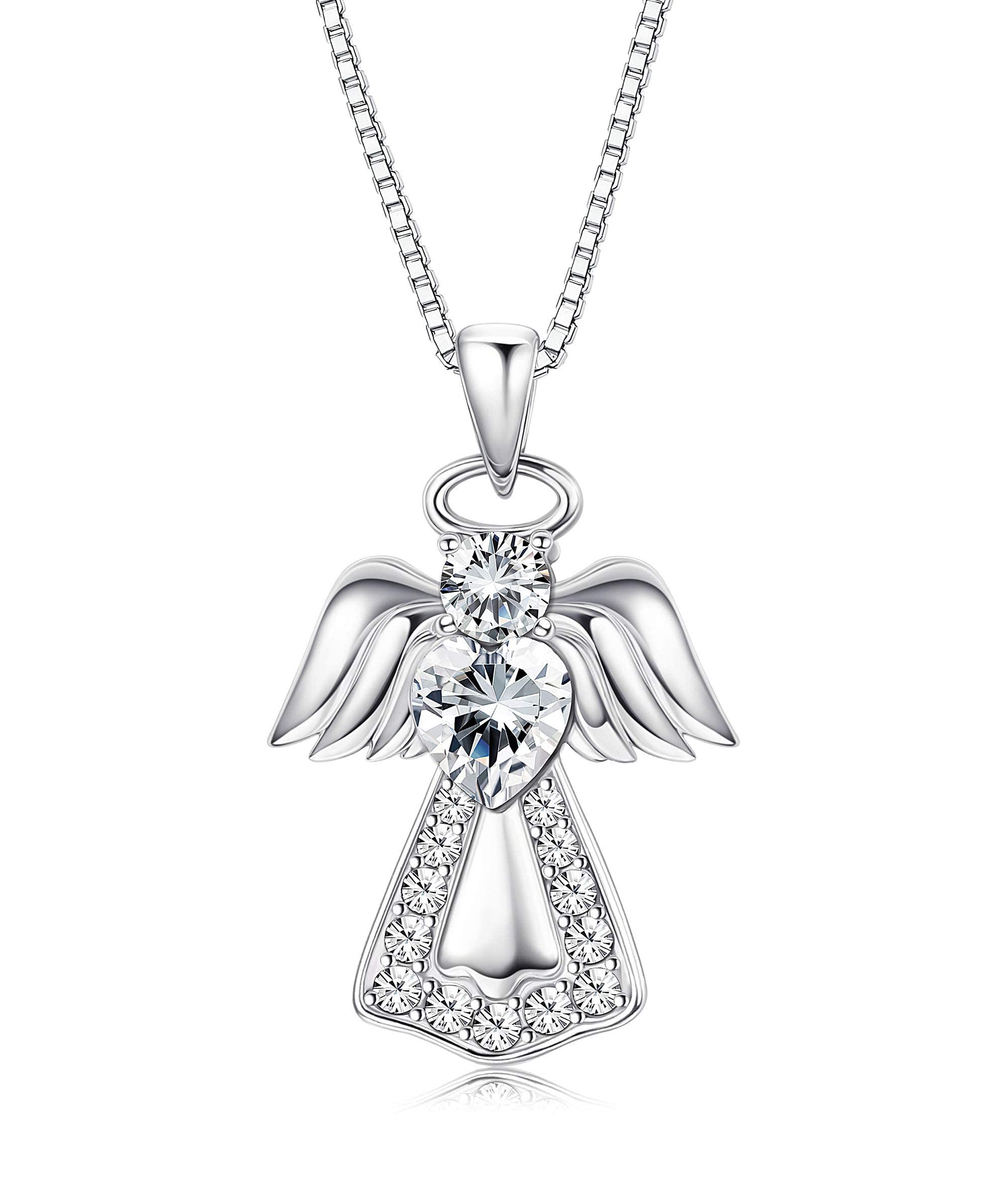 Finrezio 925 Sterling Silver Guardian Angel Pendant Necklace for Girls Women Heart Crystal Silver Necklace for Gift, Crystals from Austria, Gift for Daughter/Wife/Girlfriend