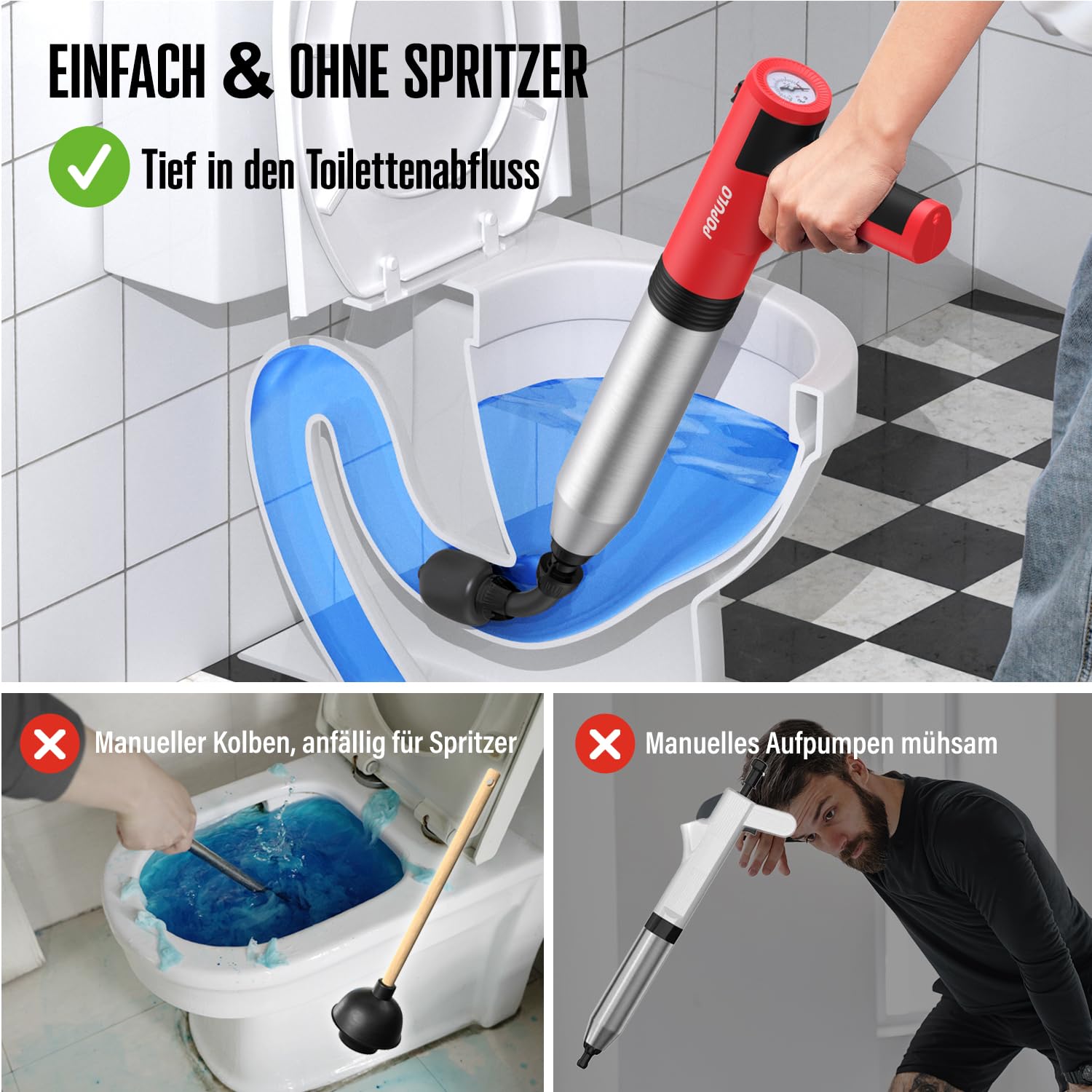 POPULO Elektrischer Abflussreiniger Pömpel WC-Saugglocke, Pömpel Abfluss Schneller Hochdruck Abflussreiniger, Strapazierfähig Vielseitiger Toilette Pömpel für Dusche, Toilette 3