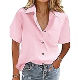 HOTOUCH Cotton Linen Button Down Shirt for Women V Neck Collared Blouse Casual Short Sleeve Tops with Pocket