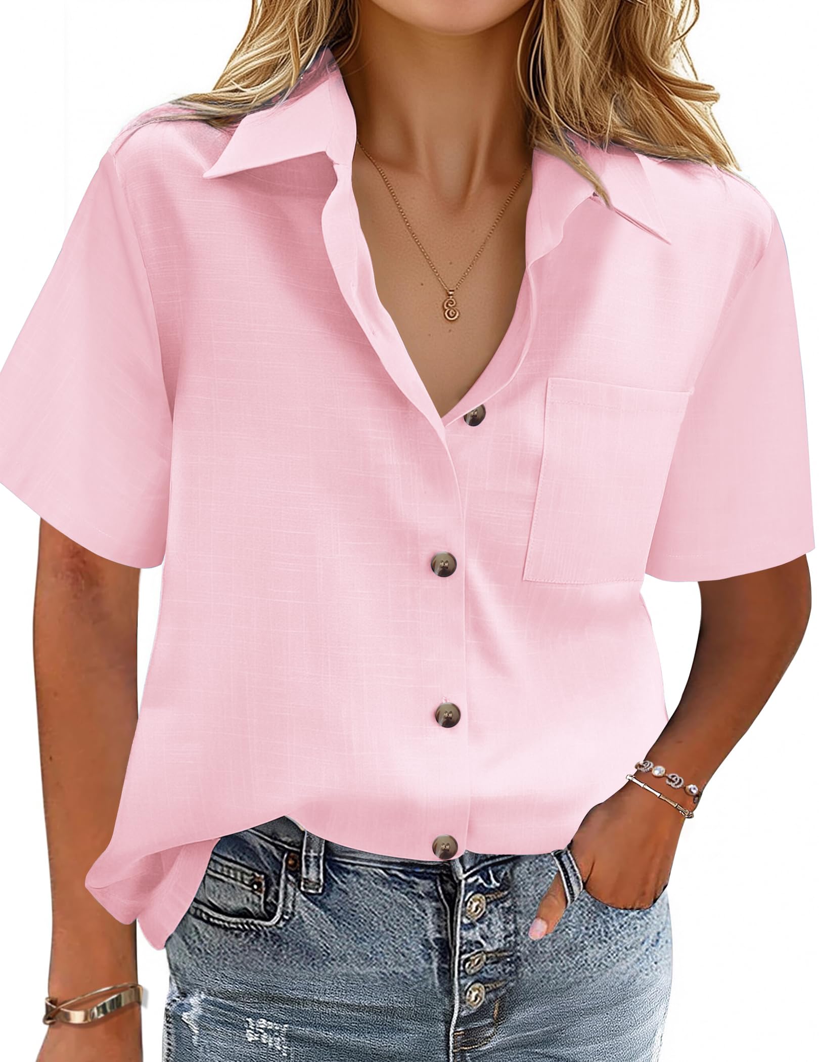 HOTOUCH Linen Shirts for Women Button Down Loose Fit Short Sleeve ...