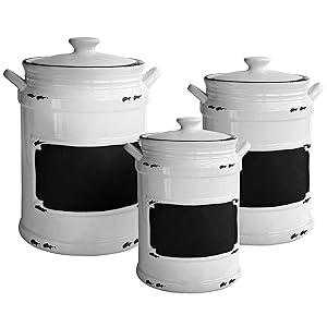 American Atelier 1562159-RB Vintage Canister Set 3-Piece Ceramic Jars Chic Design With Lids for Cookies, Candy, Coffee, Flour, Sugar, Rice, Pasta, Cereal & More, 21x8x11", White/Black