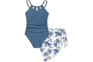 KANGKANG Girls Swimsuit Quick Dry Cut Out One Piece Swimsuits with Tropical Print Cover Up Skirt Bathing Suit Swimwear 7-18Y