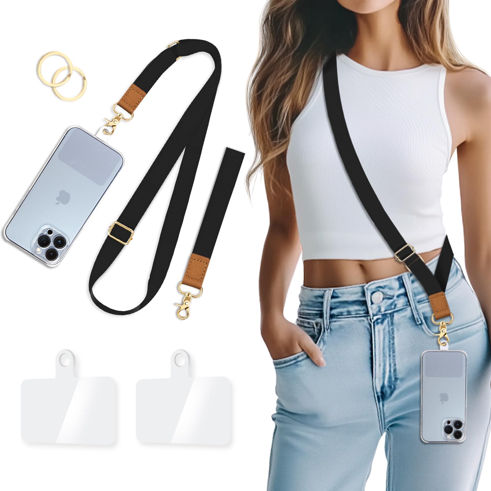 Photo 1 of Piefly Phone Lanyard Crossbody Wrist Strap, Black Cell Phone Lanyards for Around the Neck Wristlet Shoulder, Adjustable Cute Strap for Car Keys Keychain Wallet ID Badge